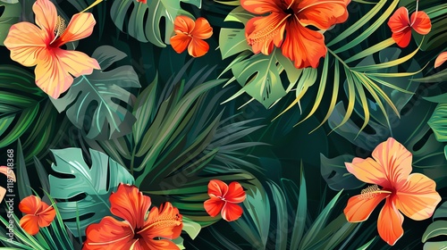 A tropical pattern with lush green leaves and orange flowers.