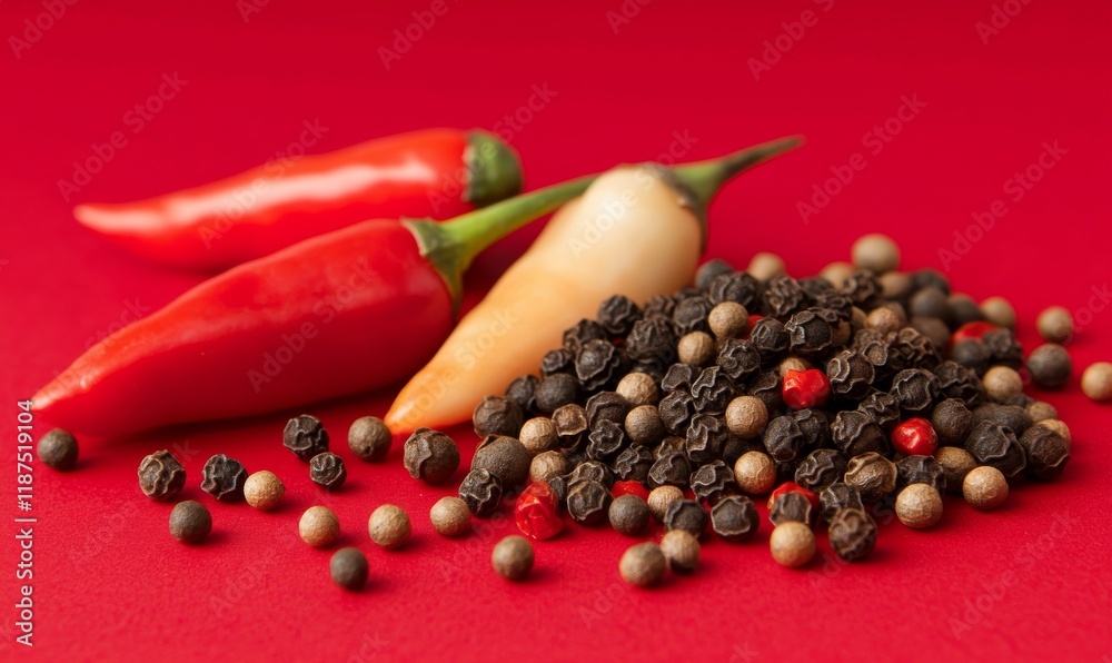Red Chili Peppers and Peppercorns on a Red Background Red Chili Peppers and Peppercorns on a Red Background