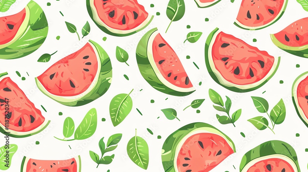 Seamless pattern of watermelon slices and leaves on a white background. Seamless pattern of watermelon slices and leaves on a white background.