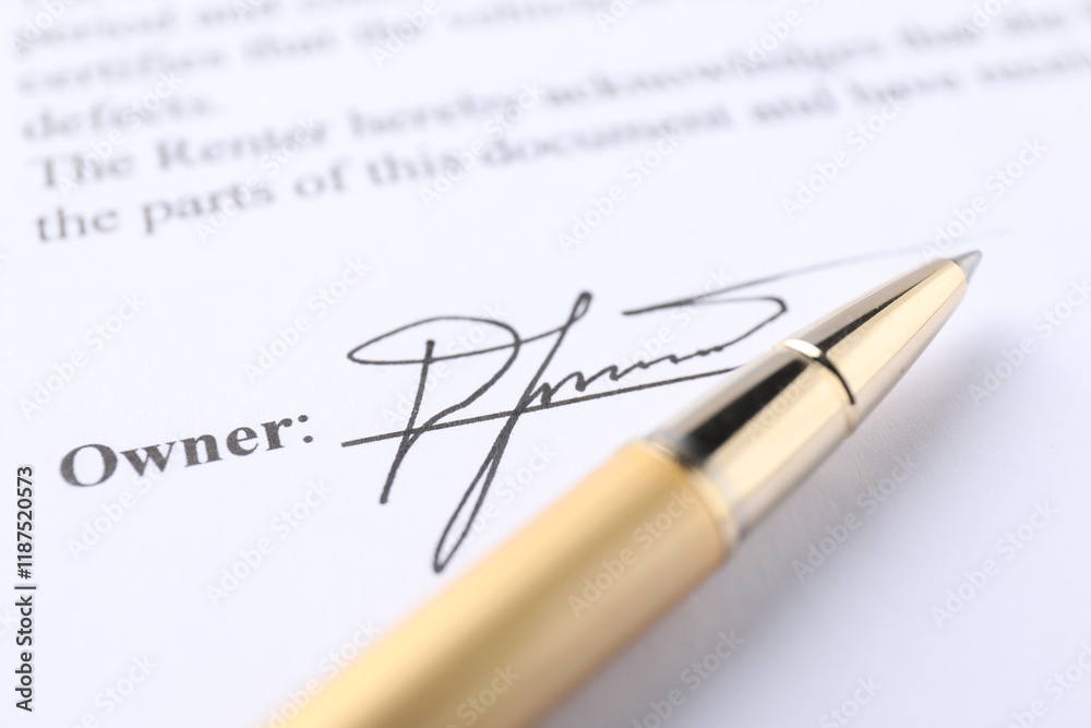Signature and pen on paperwork, closeup view Signature and pen on paperwork, closeup view