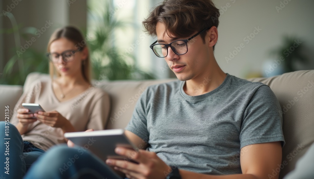A young man and woman sit comfortably on a couch, each absorbed in their own digital devices. The scene captures a modern moment of connection and distraction, highlighting the balance between A young man and woman sit comfortably on a couch, each absorbed in their own digital devices. The scene captures a modern moment of connection and distraction, highlighting the balance between
