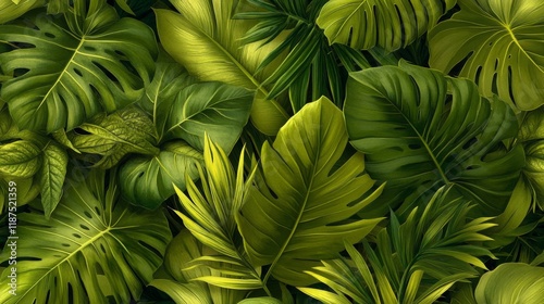 Hawaiian theme backgroundSeamless tropical pattern with dark golden and green vintage palm leaves ideal for product presentation, backdrop, wallpaper, and fabric painting photo