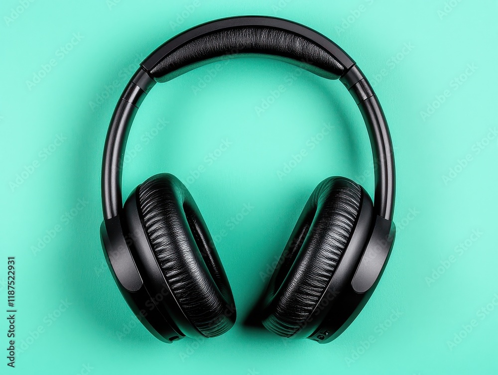 Black wireless headphones on a teal background Black wireless headphones on a teal background