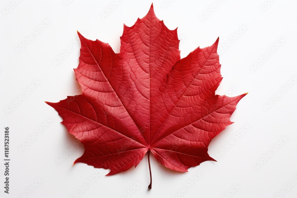 Bright red maple leaf showing detailed texture against a white background in autumn light Bright red maple leaf showing detailed texture against a white background in autumn light