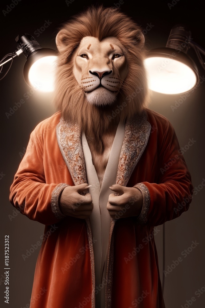 A lion in a luxurious robe poses confidently under bright lights, blending regal elegance with a touch of whimsy. A lion in a luxurious robe poses confidently under bright lights, blending regal elegance with a touch of whimsy.