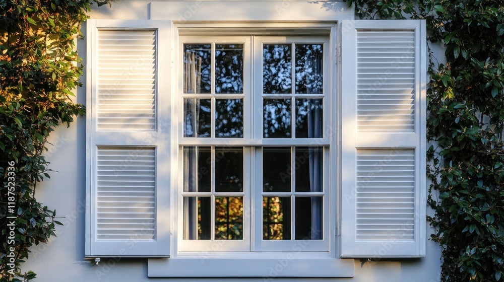 Fototapeta premium A colonial-style window with white frames and wooden shutters, bathed in golden hour light,
