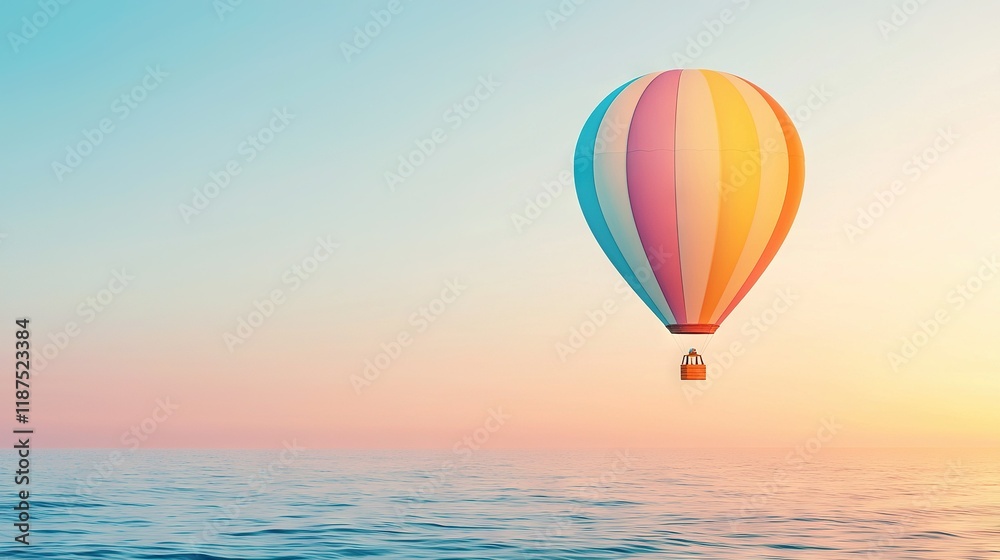 Fototapeta premium A vibrant hot air balloon glides above a tranquil waterbody as the sun mirrors on its surface during dusk