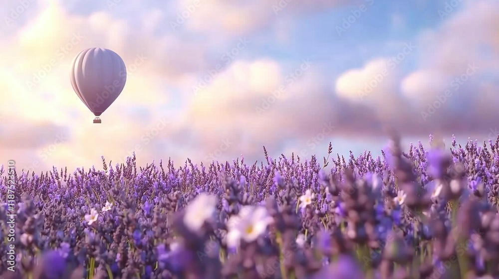Fototapeta premium Hot air balloon in the sky above a lavender field