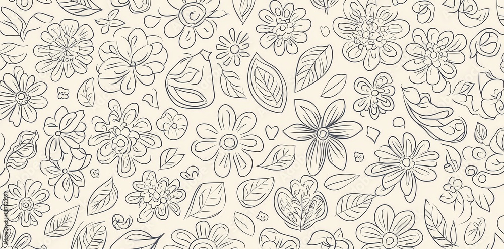 Obraz premium A modern, cute floral wallpaper displaying white daisies and elegant hand-drawn doodles, seamlessly repeated