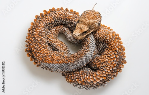 A side view of the young Daimondback rattlesnake, also known as Crotalus atrox, hanging over the edge with its tail and head visible. The image is isolated on a white background photo