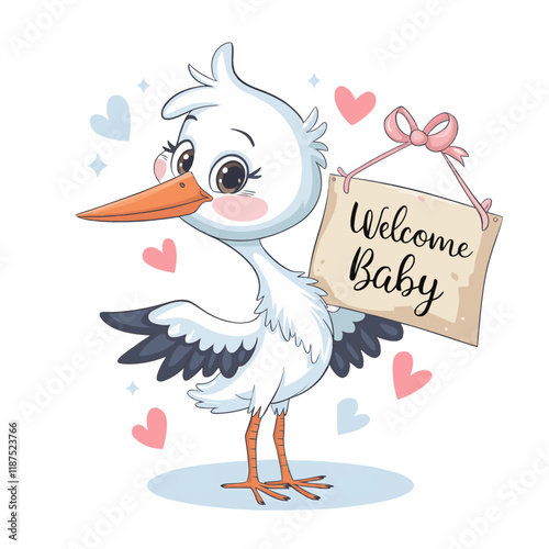 An illustration of a cute, white stork holding a signboard with the words 'Welcome Baby' written on it