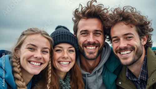 Four friends, two men and two women, are beaming with joy against a cloudy sky, showcasing their close bond. Their vibrant expressions and playful hairstyles reflect a carefree moment of friendship
