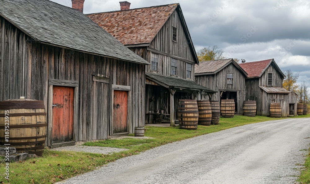 Row of rustic wooden bourbon barrel rickhouses, rustic wooden buildings, rural kentucky, american distilleries Row of rustic wooden bourbon barrel rickhouses, rustic wooden buildings, rural kentucky, american distilleries