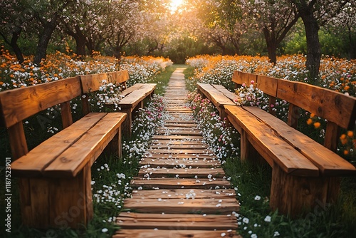 Wooden Benches Line A Flowery Path In A Garden photo