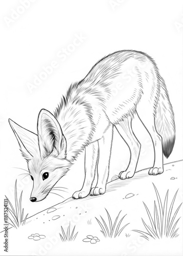 A cute jackal with its ears perked up, sniffing the ground, outlined in black, drawn as an outline sketch, only black lines, no colors, simple and clean for a children's coloring book. photo