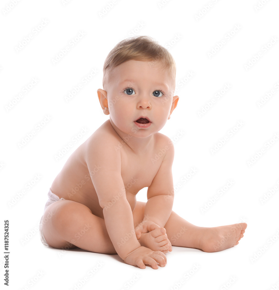 Little baby in diaper on white background Little baby in diaper on white background