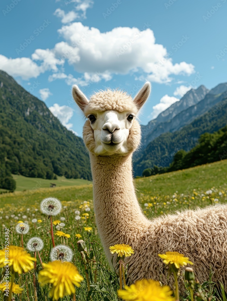 Obraz premium Adorable Alpaca in a Field of Dandelions