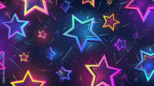 A vibrant and colorful pattern with neon stars and streaks on a dark background.
