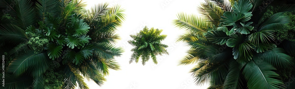 Top View of Tropical Palm Leaves Isolated on White Background High Contrast Green Foliage Sunlit Texture Top View of Tropical Palm Leaves Isolated on White Background High Contrast Green Foliage Sunlit Texture