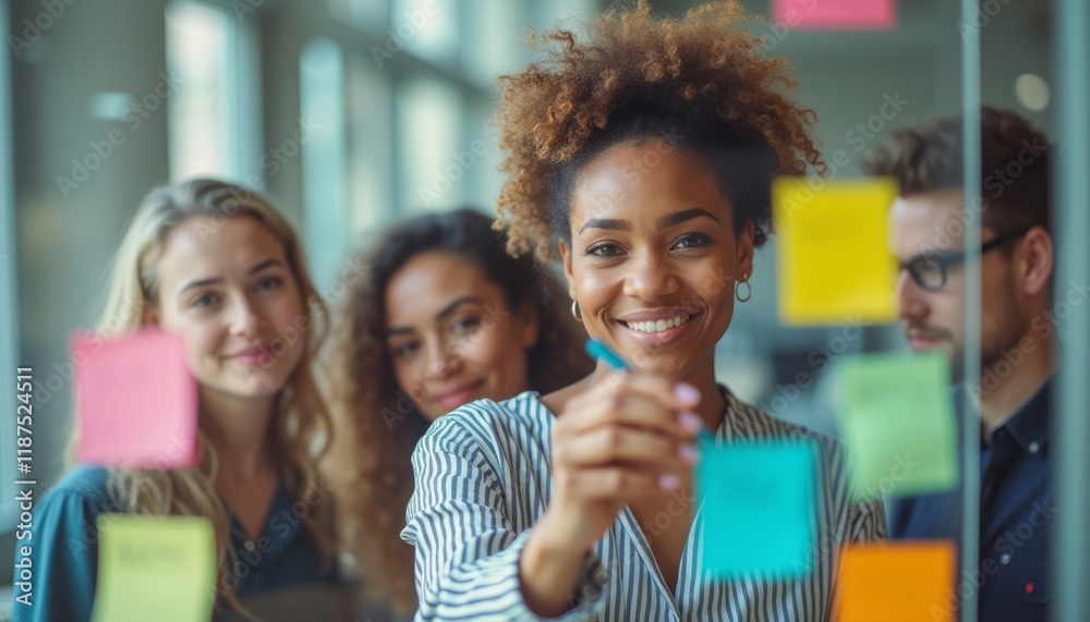 Obraz premium A confident Black woman smiles brightly as she places a sticky note on a glass board, surrounded by her diverse colleagues. This vibrant scene captures the essence of teamwork and creativity in a