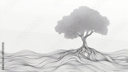 Minimalist line art of a tree with intricate roots extending underground and abstract foliage design