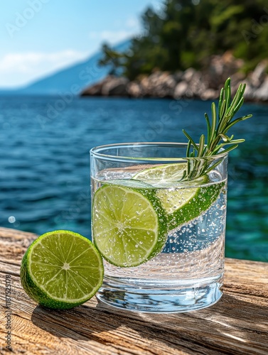 Refreshing summer cocktail with lime and rosemary by the sea