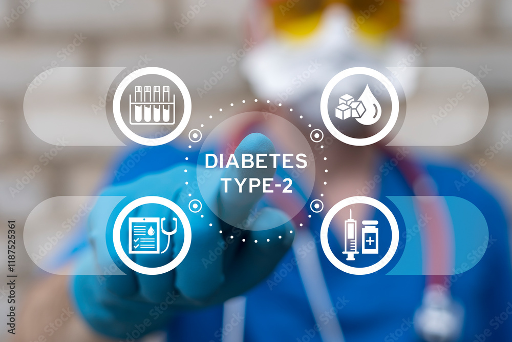 Doctor using virtual touch screen push on inscription: DIABETES TYPE-2. Diabetes mellitus. Diabetes Type-2 Medical Health care concept. Type 2 diabetes and insulin production.