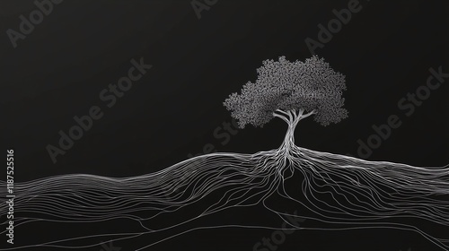 Minimalist line art of a tree with intricate roots extending underground and abstract foliage design