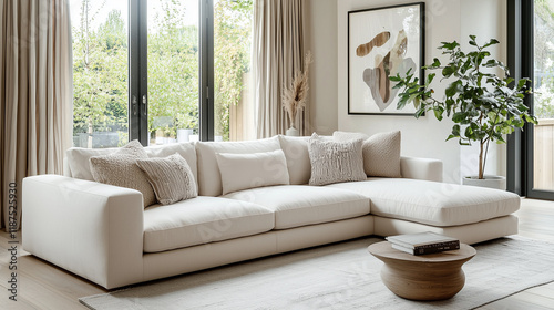 bright Scandinavian-style living room featuring a sleek white sofa adorned with textured throw pillows and a light gray rug. The room showcases light oak wood flooring and a coffee table with clean