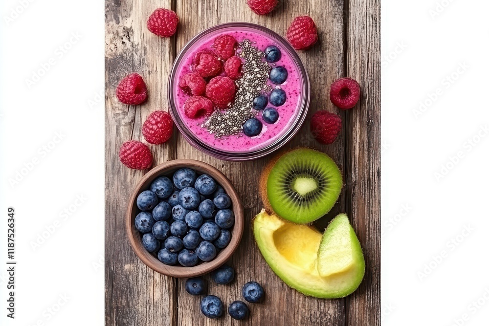 Berry Blast Smoothie: A thick, pink berry smoothie served in a mason jar, topped with fresh blueberries, raspberries, and a sprinkle of chia seeds, placed on a rustic wooden table. Berry Blast Smoothie: A thick, pink berry smoothie served in a mason jar, topped with fresh blueberries, raspberries, and a sprinkle of chia seeds, placed on a rustic wooden table.