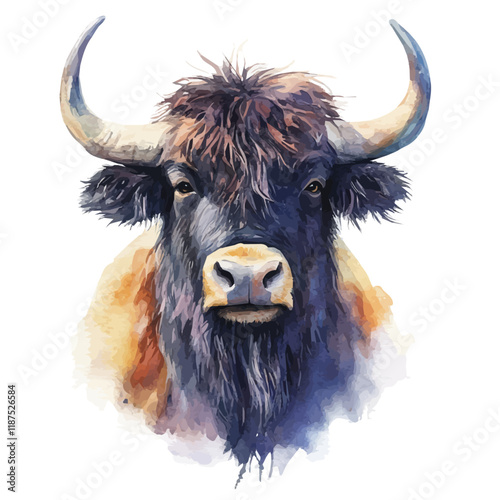 A watercolor vector painting of a Yak, isolated on a white background. Yak vector.

