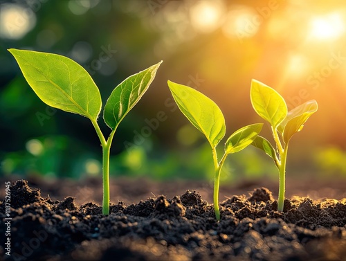 Three seedlings growing in soil at sunset.  Use  Agriculture, growth, and sustainability. photo