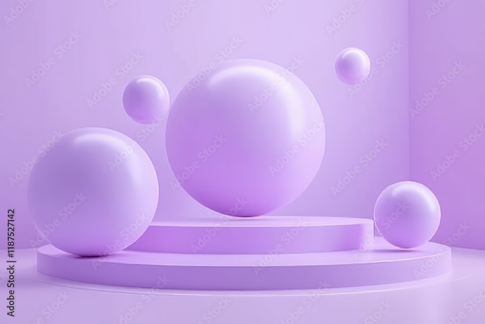 Obraz premium Minimalist 3D Rendering with Floating Spheres Above Circular Platform in Soft Pastel Purple Tones for Product Display