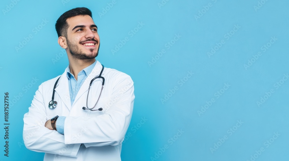 Happy Physician Man Smiling Looking Aside Posing With Stethoscope. Doctor's Portrait. Medical Concept Happy Physician Man Smiling Looking Aside Posing With Stethoscope. Doctor's Portrait. Medical Concept