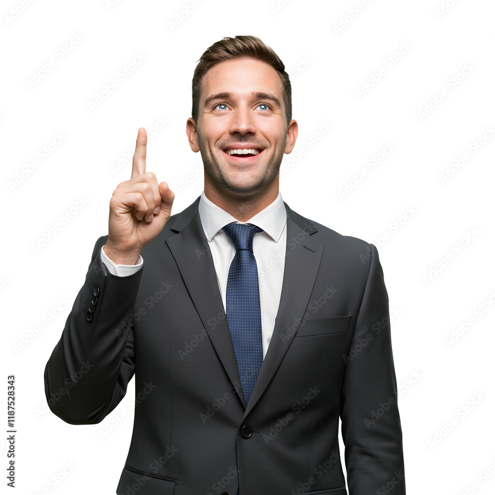 Handsome smiling male executive pointing his finger Handsome smiling male executive pointing his finger
