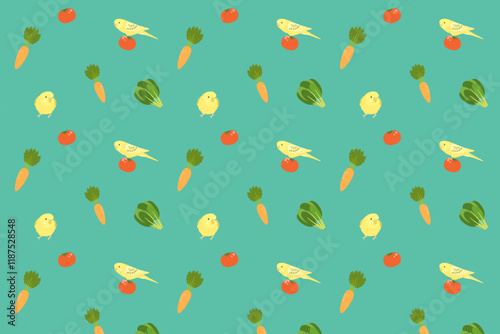 セキセイインコと野菜のパターン背景（グリーン）