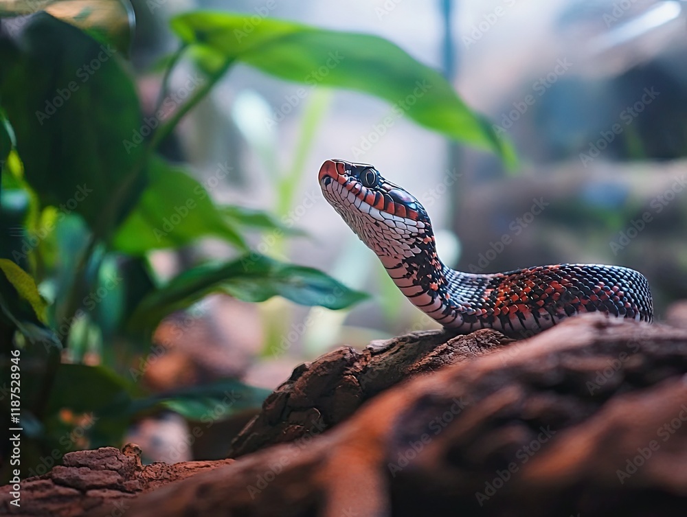 Fototapeta premium Red-spotted snake terrarium, exotic reptile, vibrant plants background, wildlife photography, nature stock.