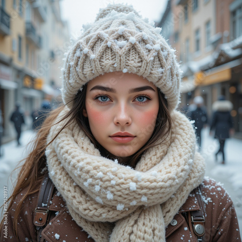 Close-up retrato mujer joven bella cara perfecta con un gorro y bufanda blancos de lana y una chaqueta de abrigo en una calle en la que está nevando photo