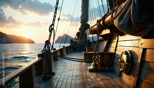 A wooden sailboat with tall, billowing sails, moored near a rocky shore, its deck adorned with brass