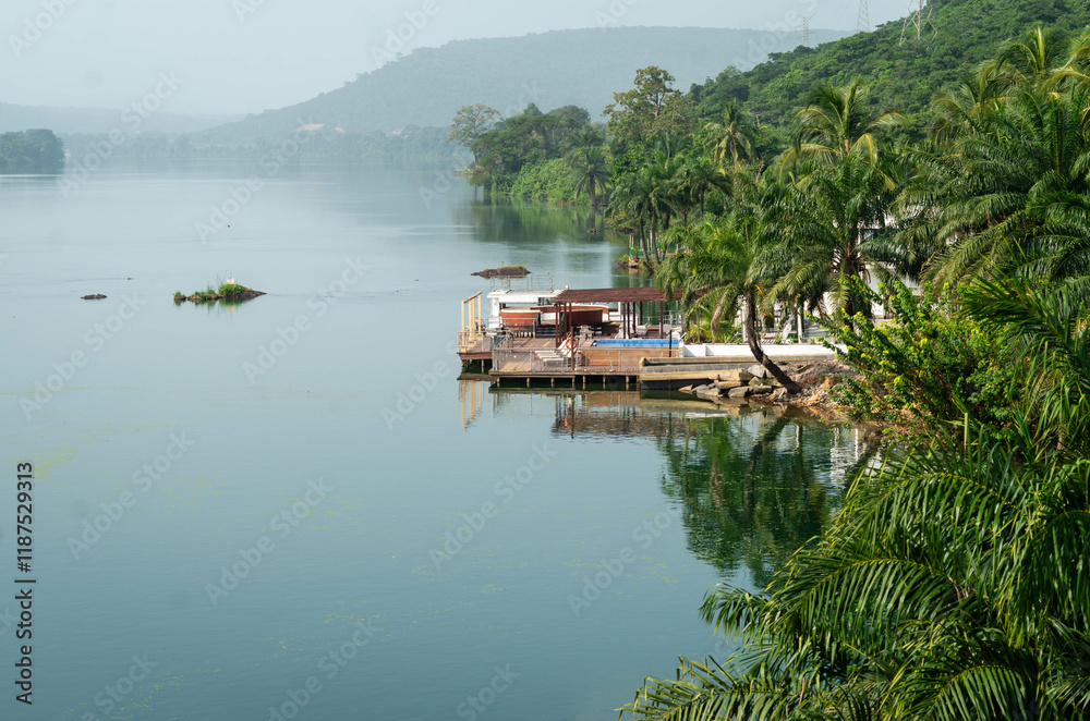 Fototapeta premium Wooden dock emerging from greenery and floating above the Volta River
