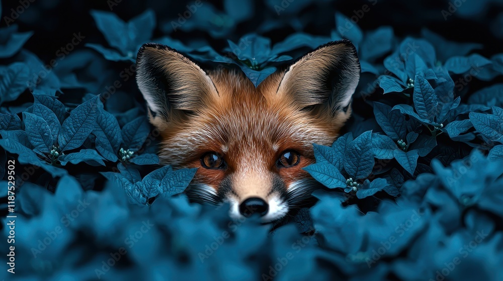 Obraz premium Red fox peeking from behind teal leaves