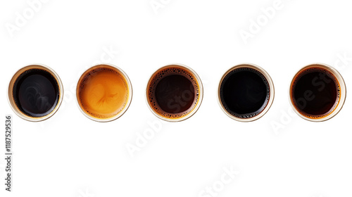 Six cups with dark liquid arranged on a white background. Minimalist.