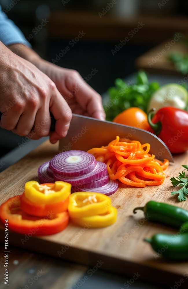 Close-up view of hands skillfully chopping vegetables on wooden cutting board. Sliced bell peppers, red onion arranged neatly. Preparation for healthy meal culinary dish. Fresh produce cut for food Close-up view of hands skillfully chopping vegetables on wooden cutting board. Sliced bell peppers, red onion arranged neatly. Preparation for healthy meal culinary dish. Fresh produce cut for food