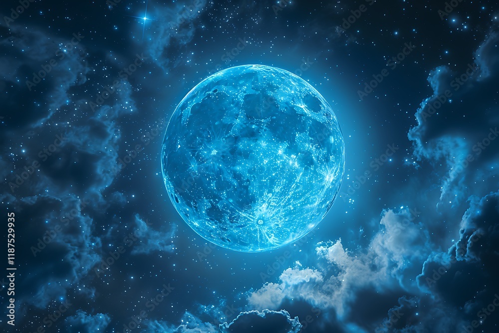 Fototapeta premium Glowing blue full moon in night sky with clouds and stars. (1)