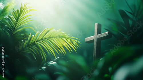Fondo del tema de la Cuaresma de Pascua, hojas de palma y cruz de resurrección
