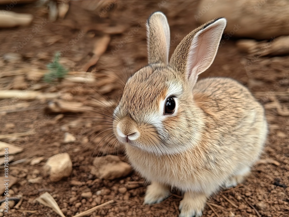 Adorable baby bunny outdoors in nature, brown soil background, pet animal. Adorable baby bunny outdoors in nature, brown soil background, pet animal.