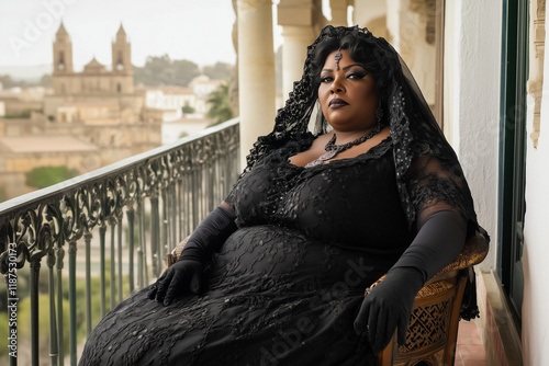 Fotografía de retrato de una mujer vestida de negro con velo y peineta de mantilla, sentada en una silla