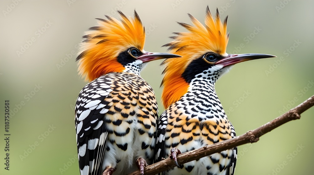 A moody image depicts two hoopoes on a branch with bright lens flare creating light streaks. Low contrast emphasizes the birds' brown, white, black, orange, and yellow plumage. The vibrant colors and A moody image depicts two hoopoes on a branch with bright lens flare creating light streaks. Low contrast emphasizes the birds' brown, white, black, orange, and yellow plumage. The vibrant colors and