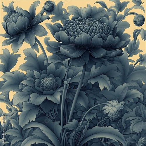 a seamless floral pattern in a medieval style, illustrated by hand in watercolor, showcasing blue flowers and leaves, with delft and indigo colors, reminiscent of vintage botanical wallpaper