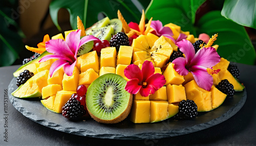 A vibrant arrangement of sliced dragon fruit, mango, and kiwi, artfully placed on a natural slate pl